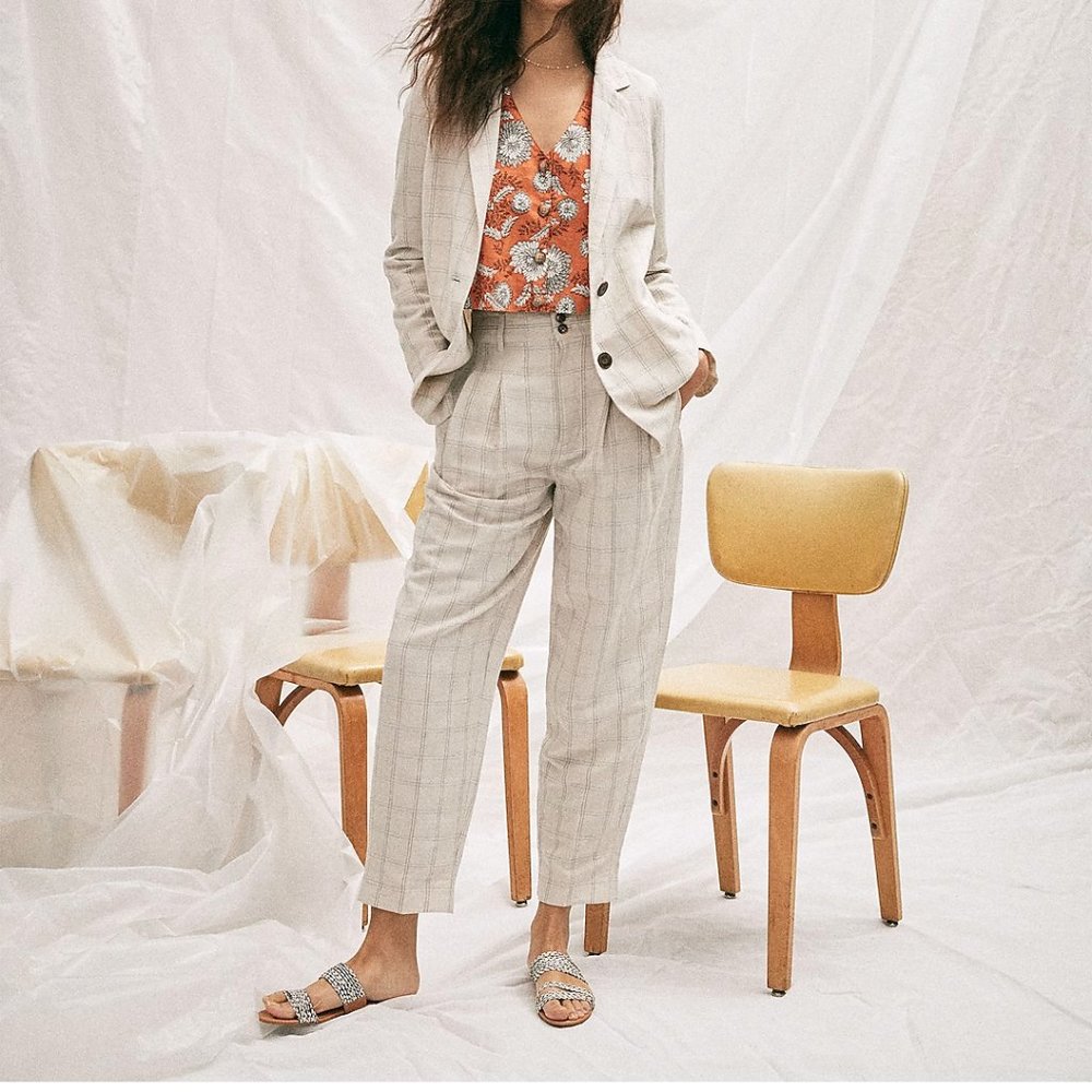 Pleated Taper Wide-Leg Pants in Windowpane
